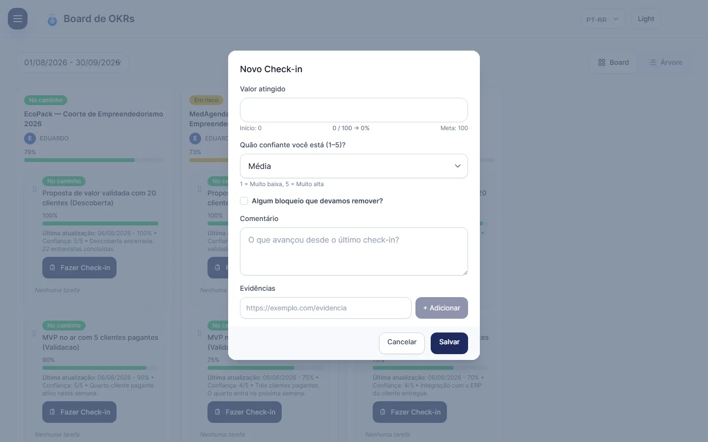 Check-in do StayAlign com valor atingido, confiança de 1 a 5, bloqueio e campo de evidências