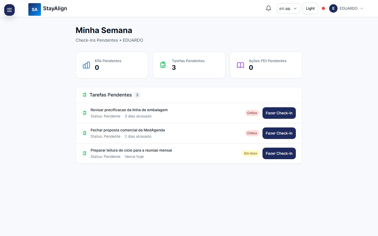 Tela Minha Semana do StayAlign, com as tarefas pendentes, o prazo e o status de cada uma